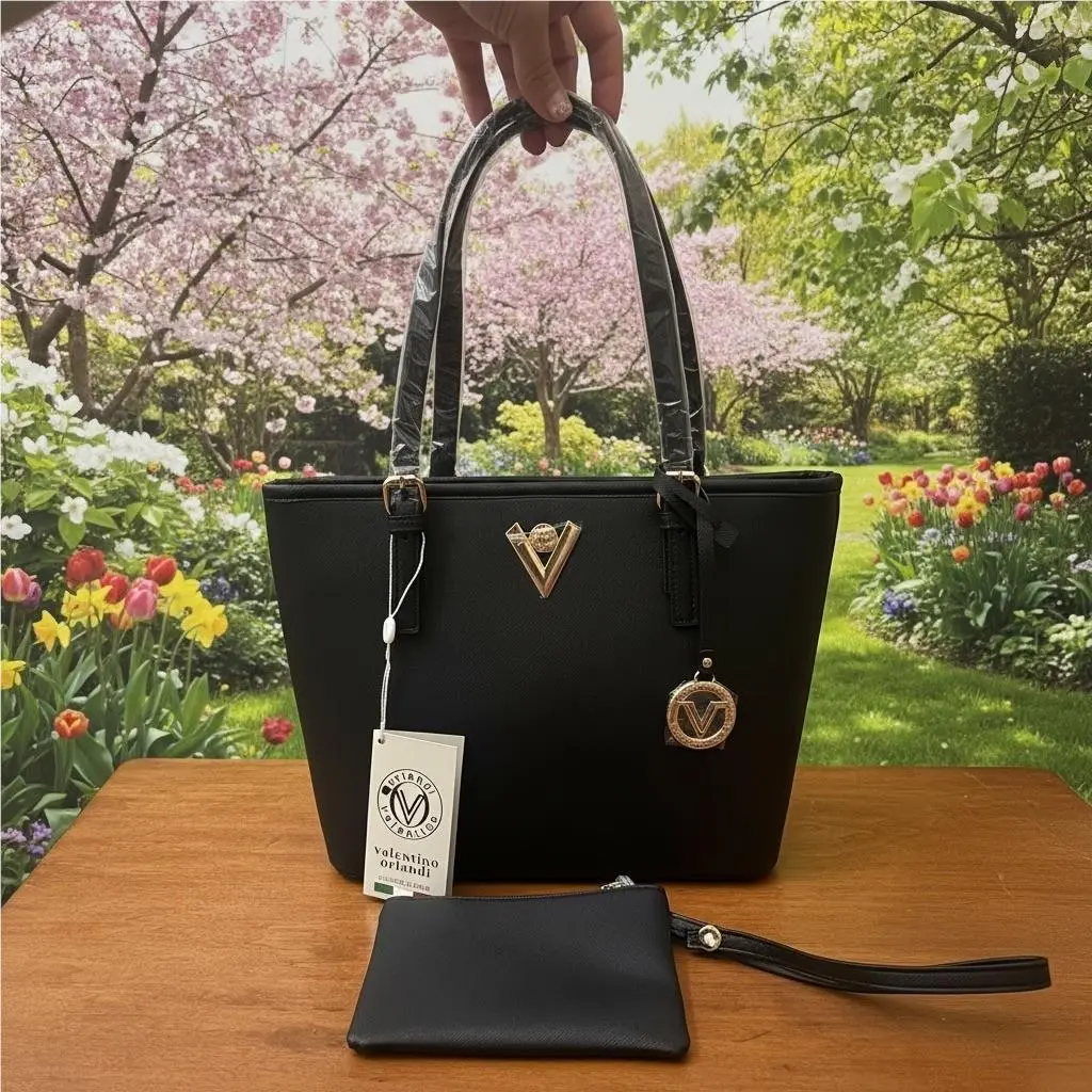 Orlandi Tote Bag Womens Handbag OS Black Saffiano Leather Classic Chic by Valentino