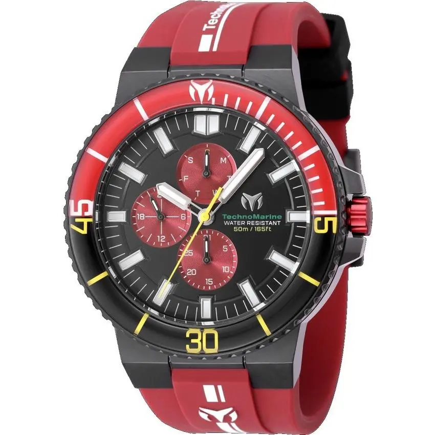 Technomarine Racing Legends Men`s 43mm Red Black Dial Day Date Watch TM-525032 - Dial: Black, Red, White, Band: Red, Bezel: Black, Red, White