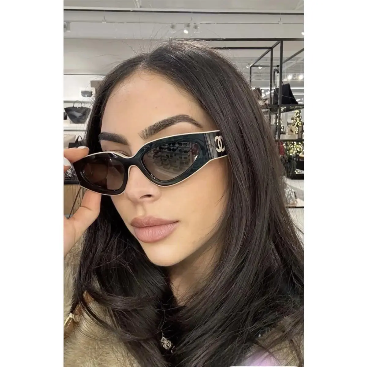 Chanel Sunglasses Black White Frame Classic 6056 Cat Eye Women