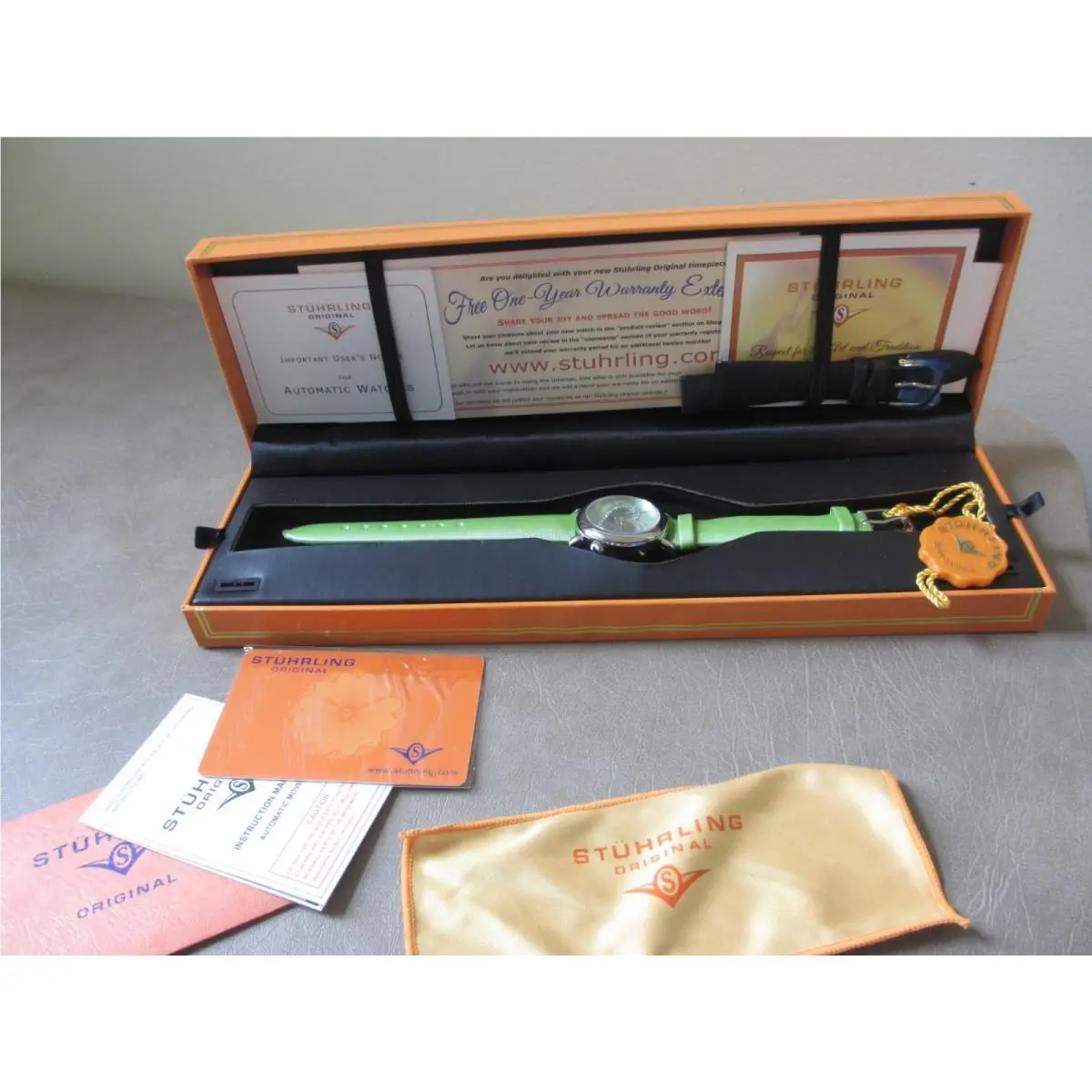 Stuhrling Original Women`s Automatic Skeleton Heart Watch Green Strap by Stührling