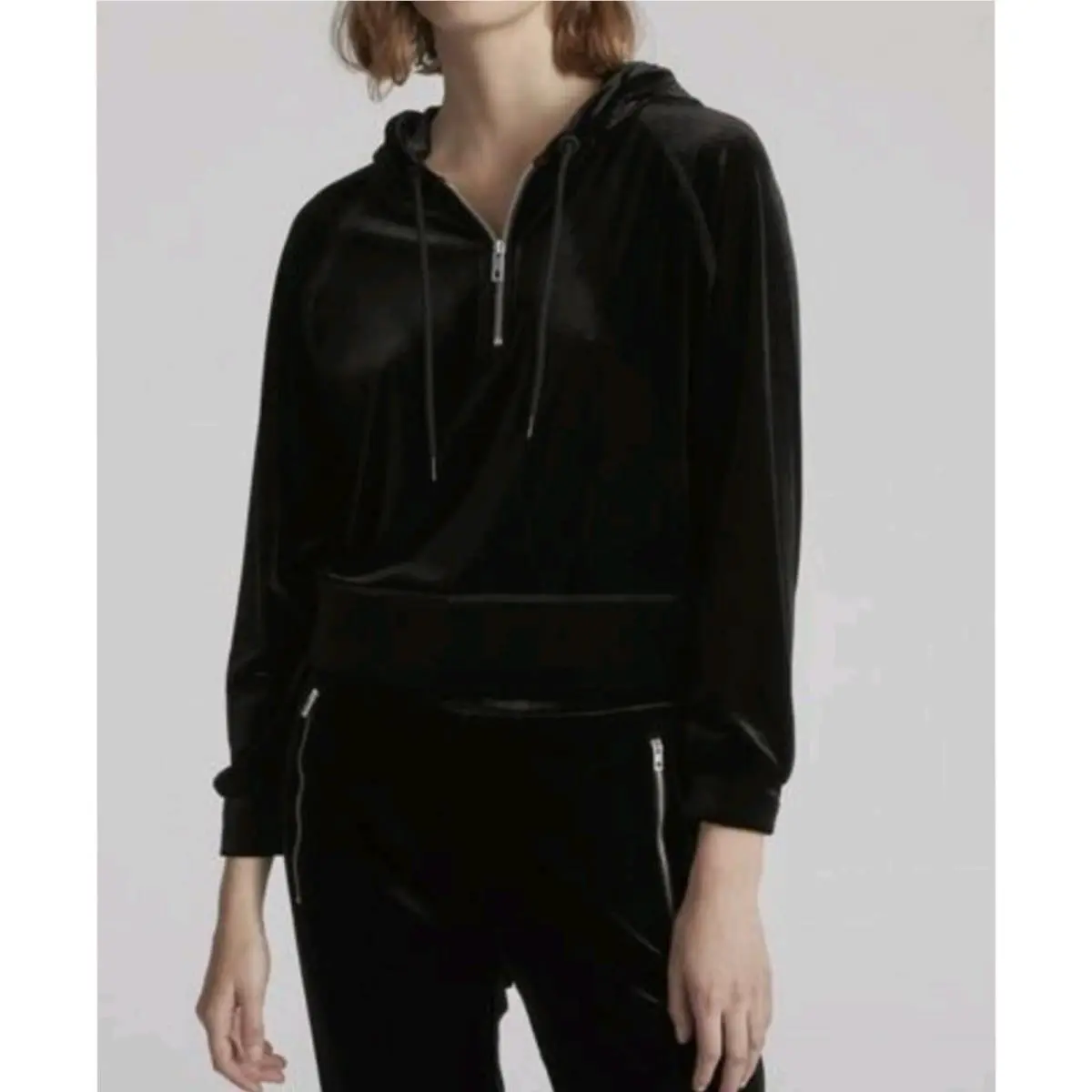 Rag Bone Cropped Velvet 1/4 Zip Hoodie Black Size M by Rag & Bone