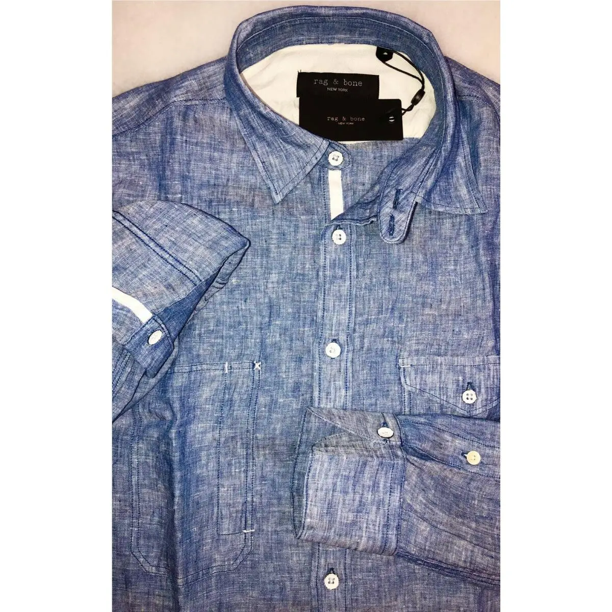 Rag Bone Linen Sky Indigo Engineered Button Front LS Shirt Size Medium by Rag & Bone