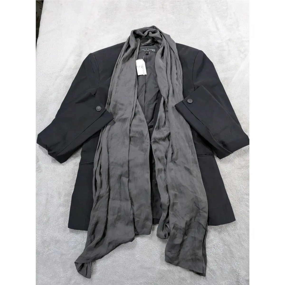 Rag Bone Kato Black Blazer Jacket Attached Silk Draped Scarf Shawl Womens Sz 4 by Rag & Bone
