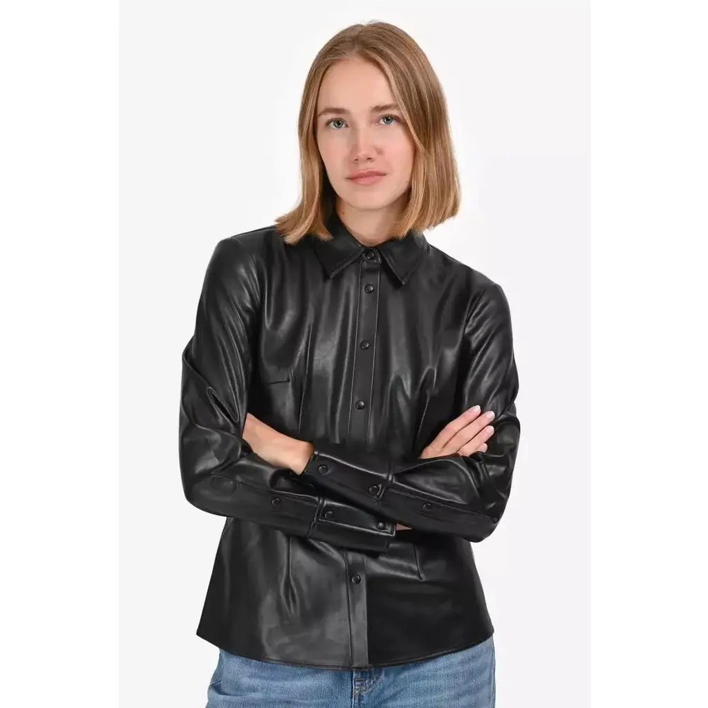 Rag Bone Women`s 4 Leather Clemence Button Down Shirt Black Fitted by Rag & Bone