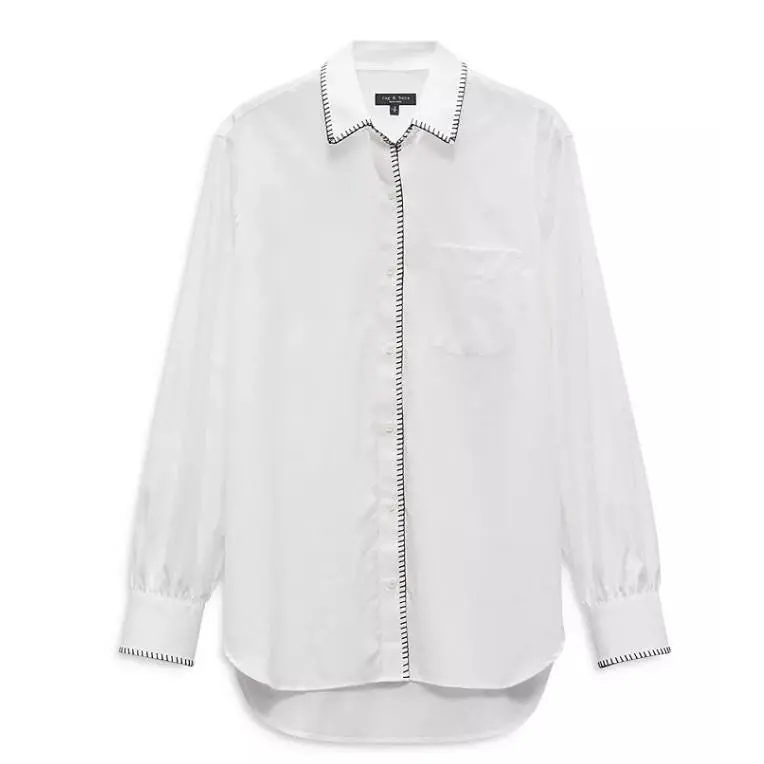 Rag Bone Top Womens Maxine Blanket Stitch Cotton Button-up Blouse White by Rag & Bone