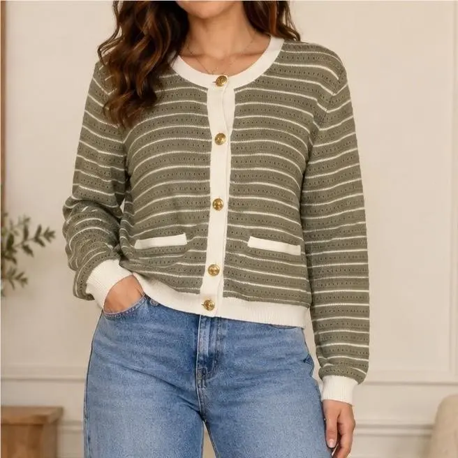 Rag Bone Evelyn Stripe Cardigan Moss Green Pointelle Gold Button Preppy M by Rag & Bone