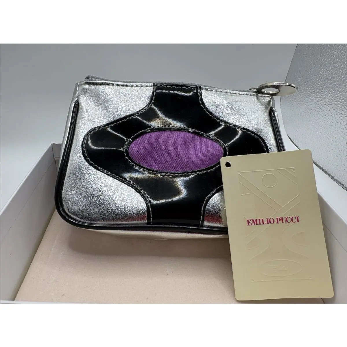Emilio Pucci Zipper Makeup Bag Leather Silver Black Purple 05SJ01 Rare Y2K