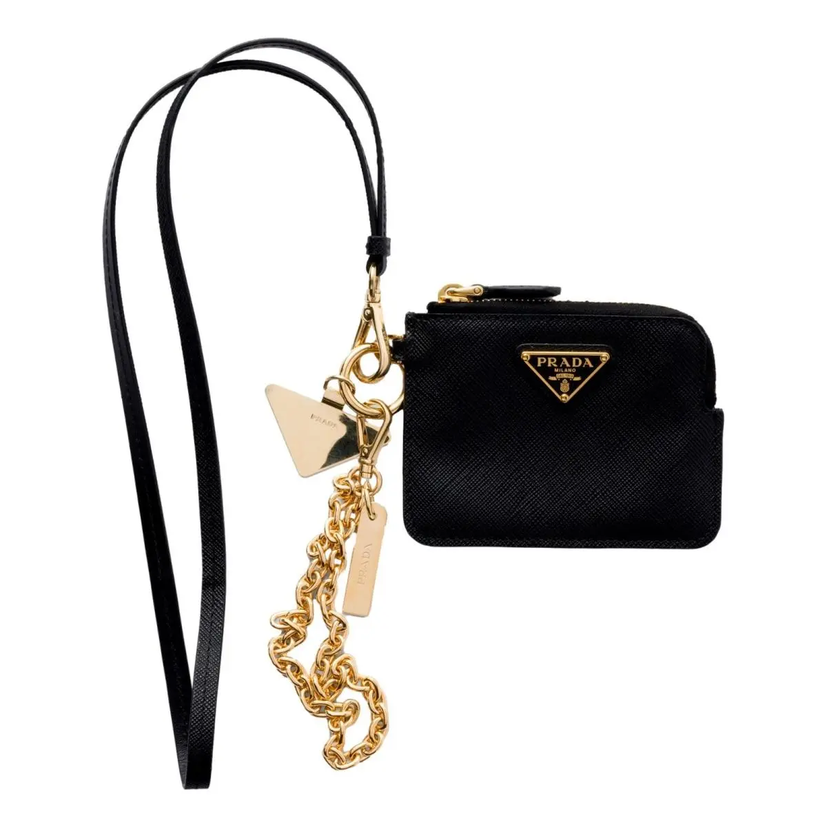 Prada Black Saffiano Leather Card Holder Chain Strap Crossbody Wallet