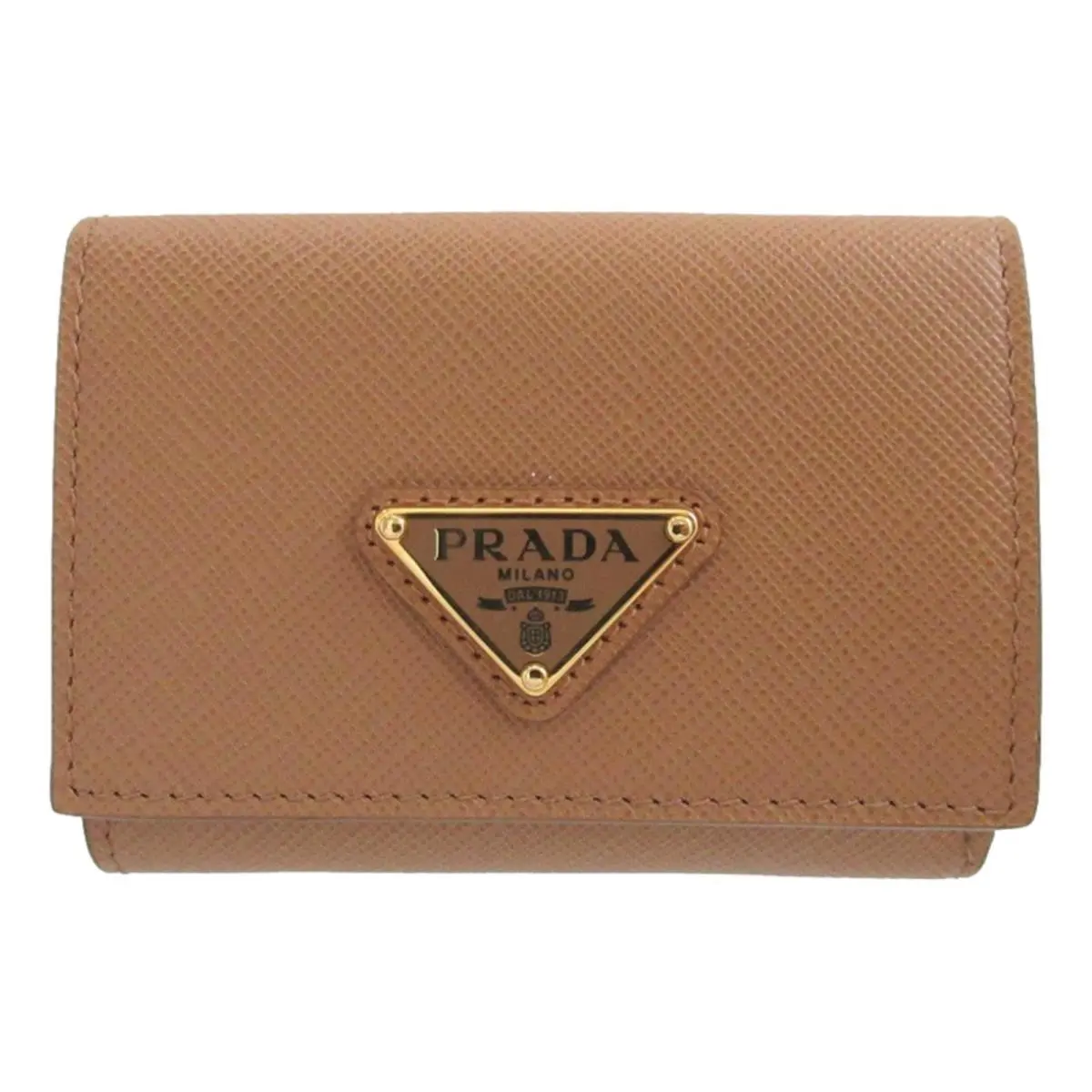 Prada Saffiano Leather Trifold Wallet Natural Brown Enamel Triangle Logo