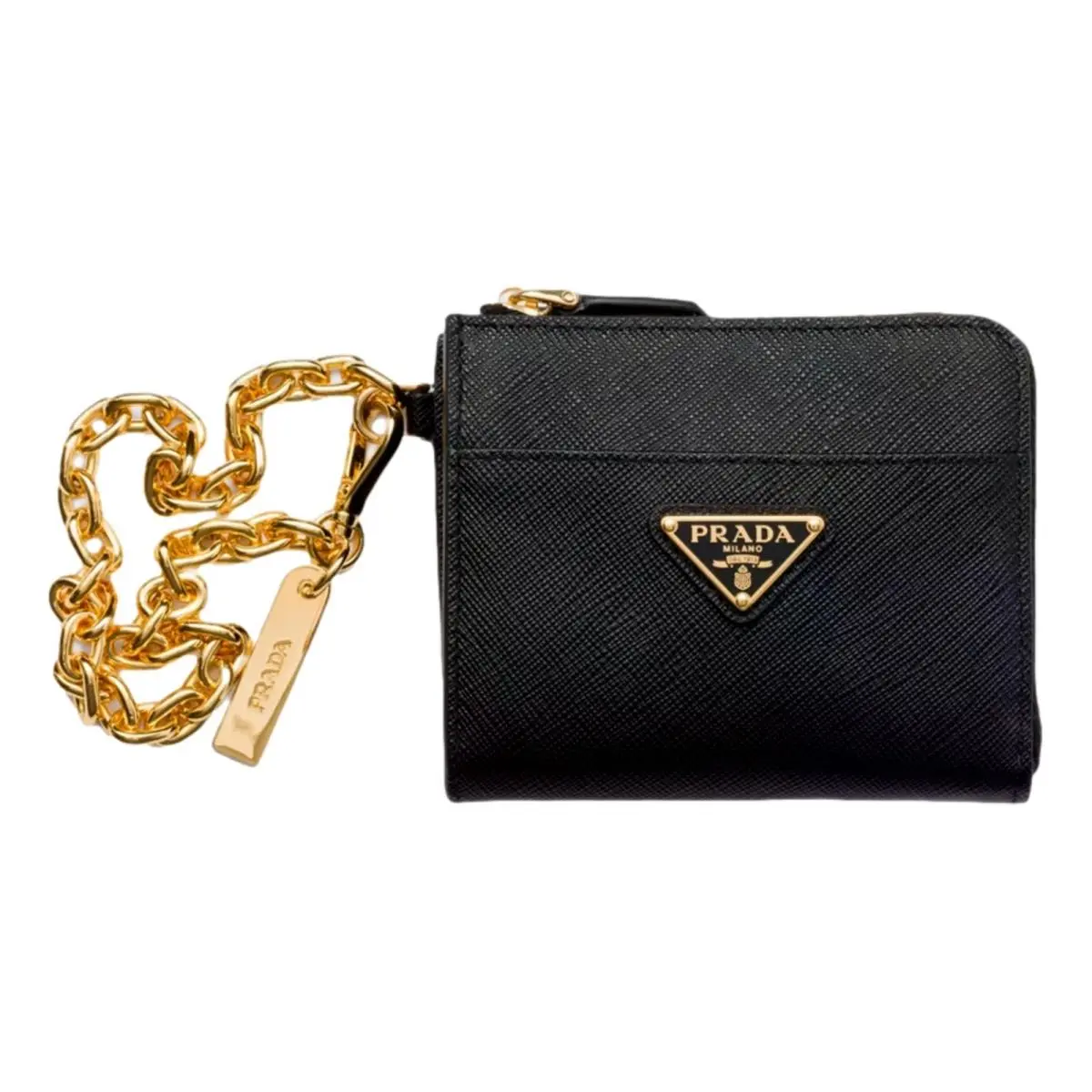 Prada Black Saffiano Leather Zip Wallet Gold Chain Wristlet