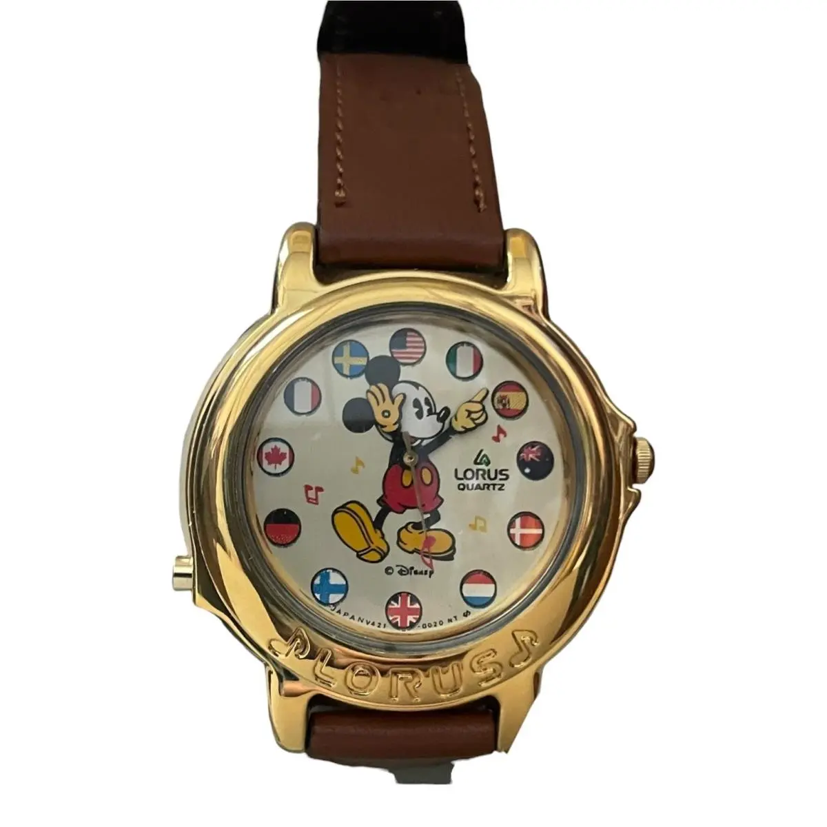 Vtg  Quartz Melody Mickey Watch It`s A Small World Gold Tone Leather Band by Lorus