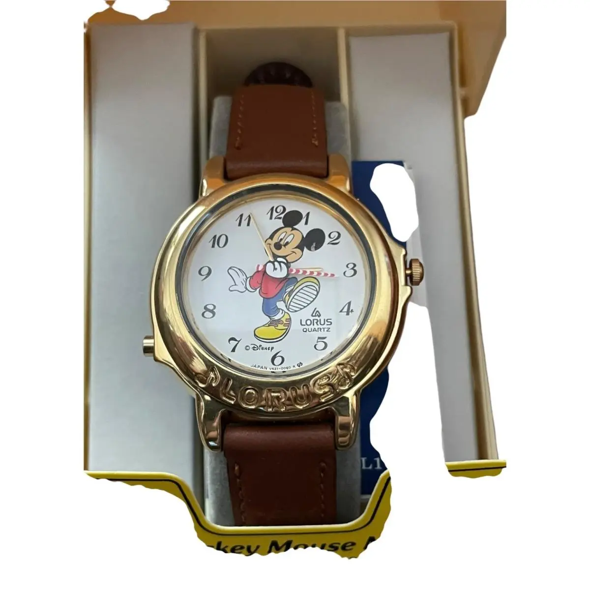 Vintage  Quartz Mickey Mouse Melody Watch Gold Tone Brown Leather Boxed by Lorus