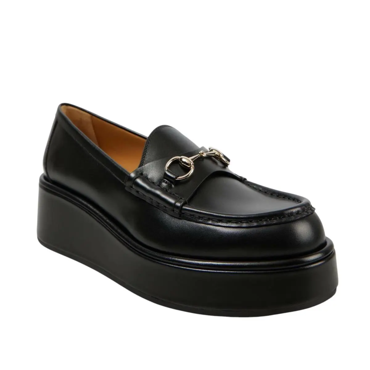 Black Leather Horsebit Platform Wedge Loafer 794317 by Gucci