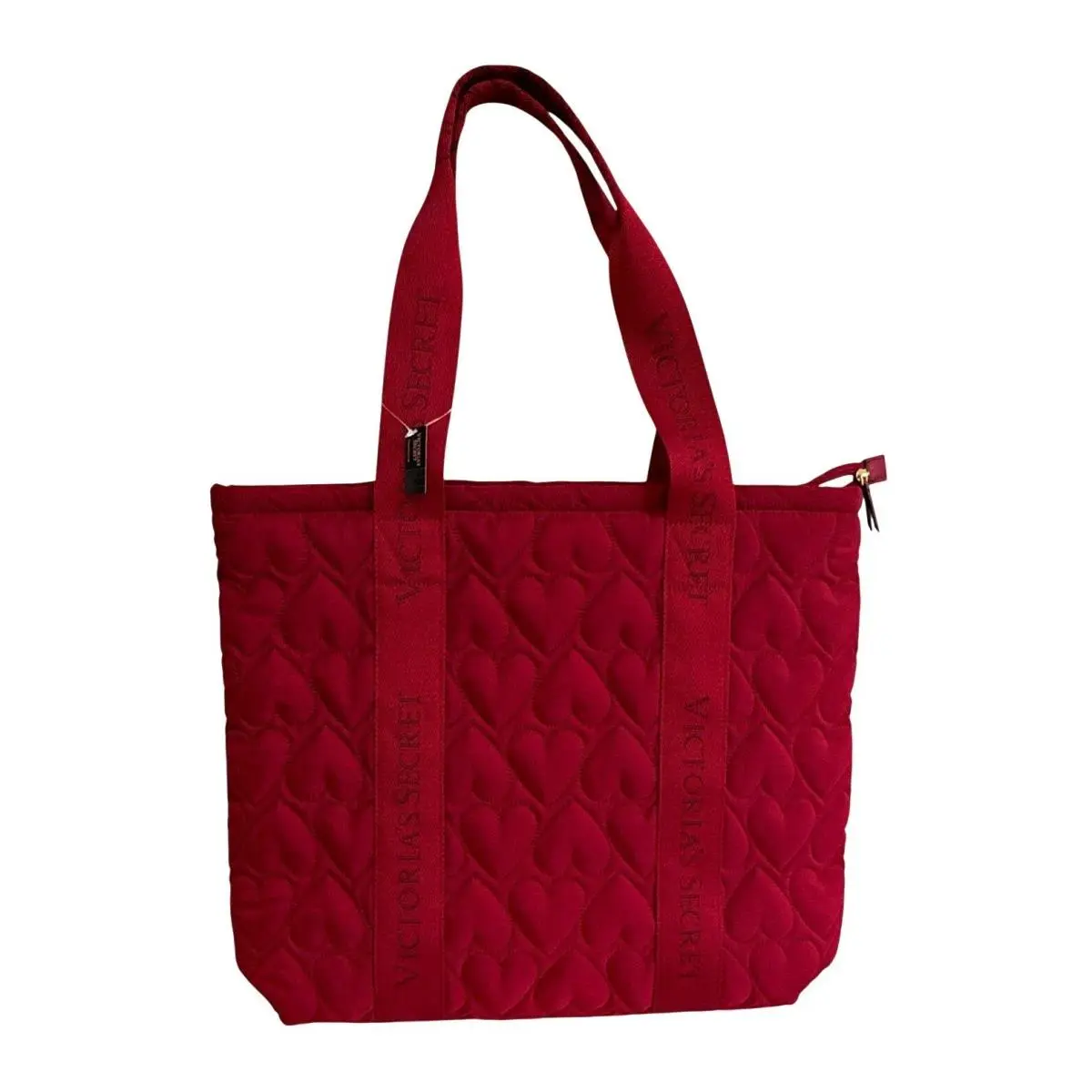Victoria`s Secret Red Quilted Heart Tote Bag Zip Top Lined Gold Hardware by Victoria's Secret