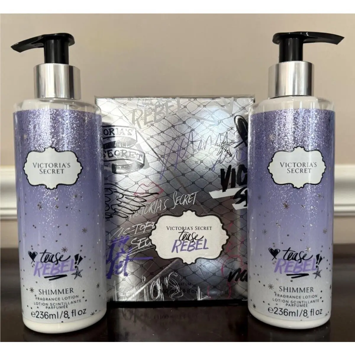 Victoria`s Secret Lot of 3 Tease Rebel Perfume 3.4 fl oz Shimmer Lotions