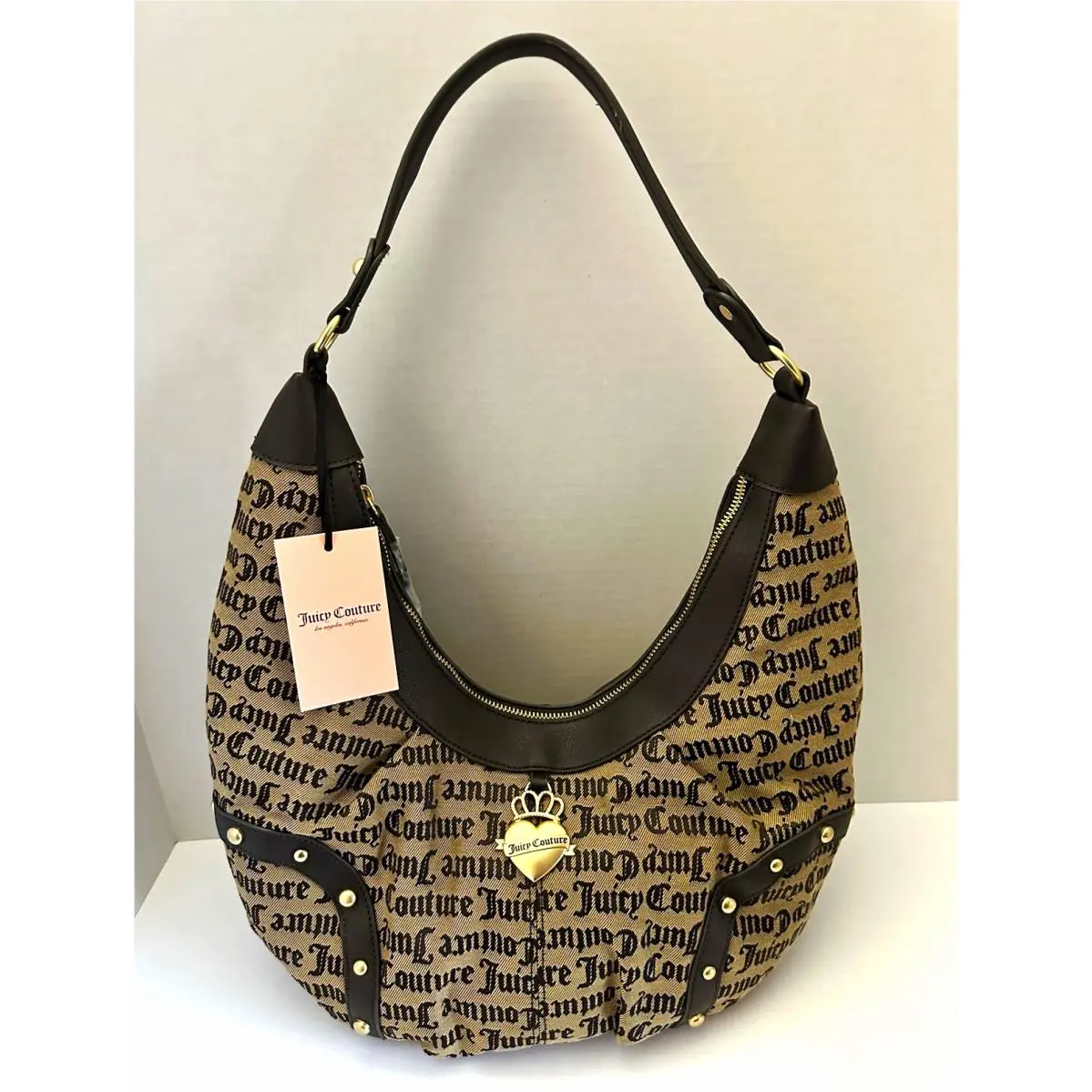 Brown Black Logo Print Med Hobo Shoulder Bag Zip Heart Charm by Juicy Couture