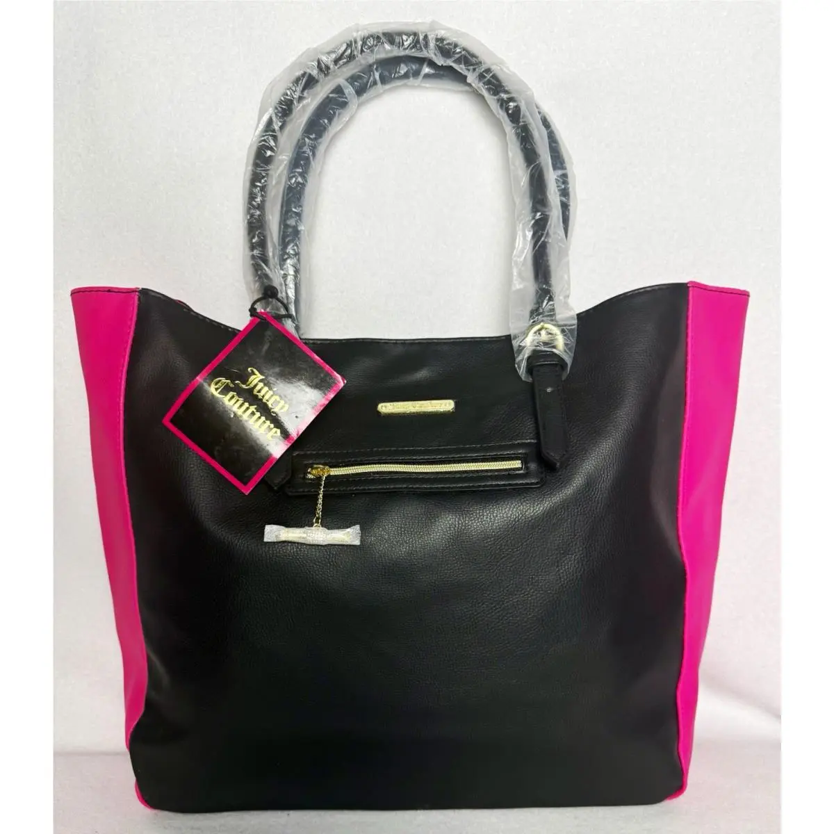Black Pink Large Tote Pebbled Gold Hardware Snap Lined Brand Card by Juicy Couture