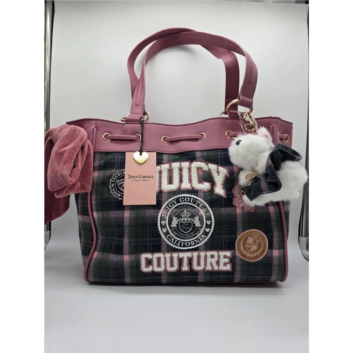 Varsity Blush Plaid Tote Bag with Charm by Juicy Couture