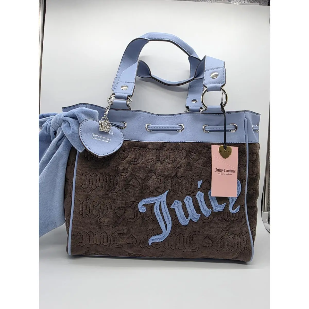 Vintage Dreams Daydreamer Tote Bag Brown Velour with Blue Bow by Juicy Couture