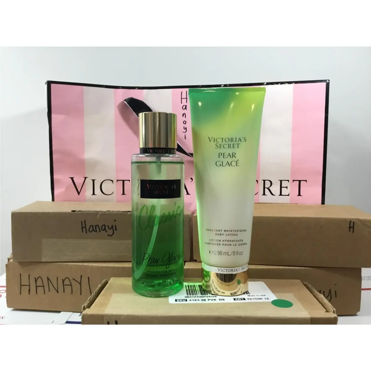 Victoria`s Secret Pear Glace Fragrance Mist 8.4 OZ Body Lotion Set 8 OZ V2