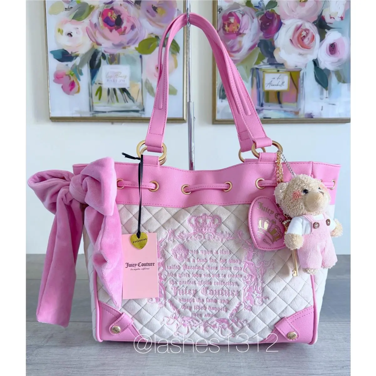 Bag Juicy Tale Quilted Tote - Pink Beige Velour by Juicy Couture