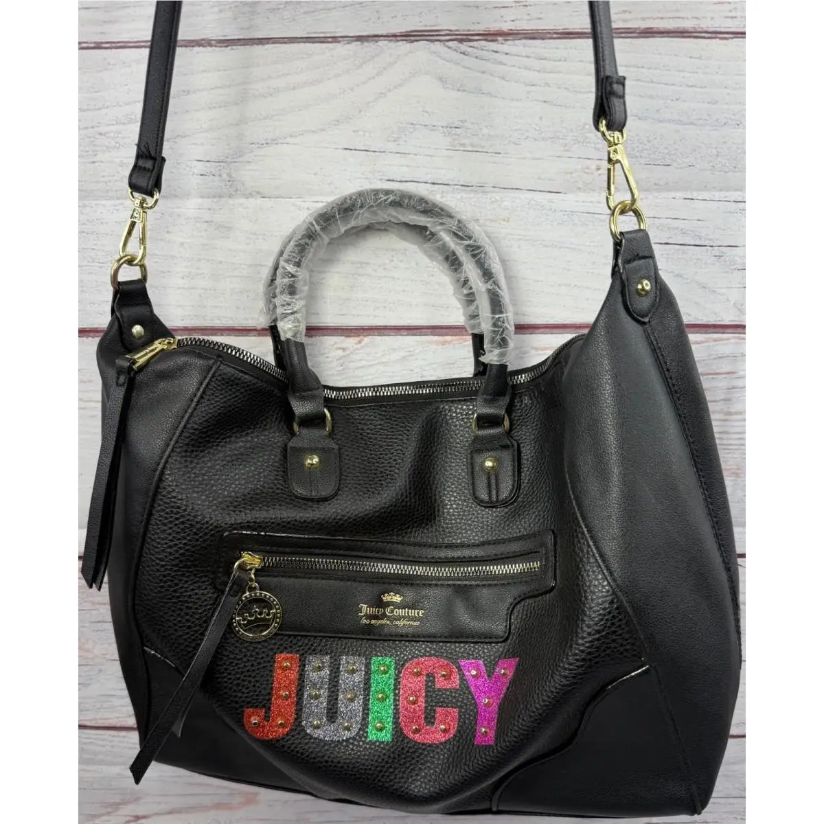 Black Pebbled Satchel Crossbody Bag Multi Glitter Logo by Juicy Couture