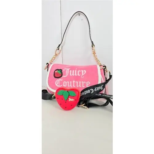 Pink Velvet Strawberry Rhinestone Crossbody Bag Y2K Coquette Chain Strap Purse by Juicy Couture