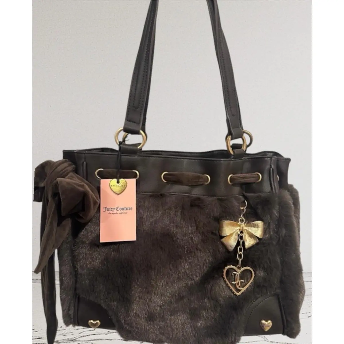 Soul Sister Brown Fur Daydreamer Tote Bag Gold Bow Charm by Juicy Couture