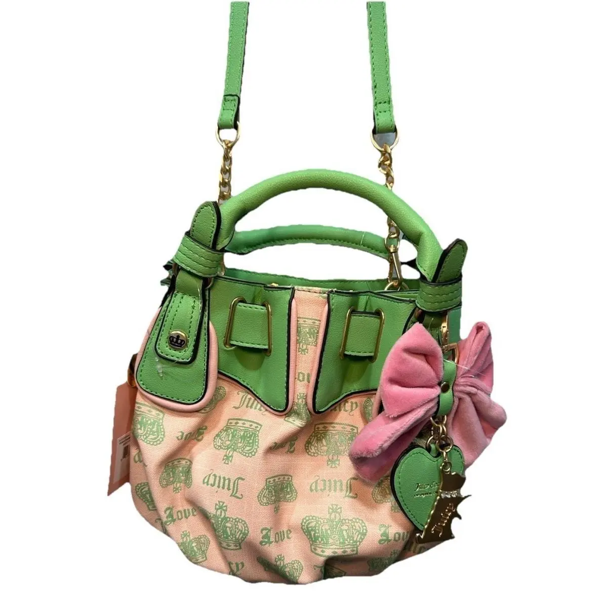 Juicy Fan Club Pink Diamond Retro Green Crossbody Crown Print Bow Charm by Juicy Couture