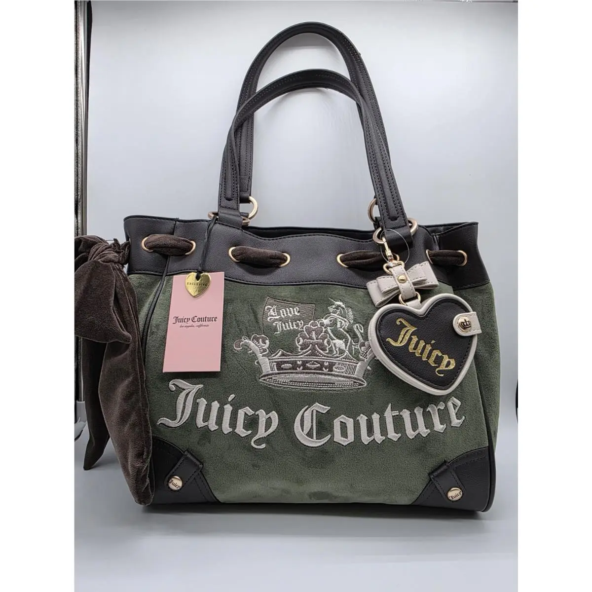 Crown Tote Shoulder Bag Bow Heart Charm Crown Logo Super Green by Juicy Couture