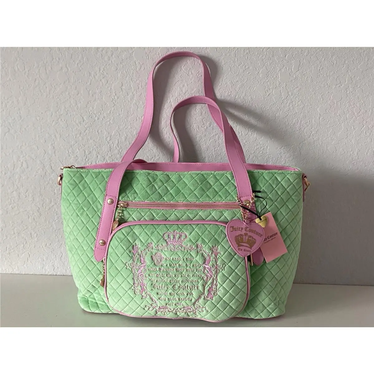 Juicy Tale Weekender Tote Bag Retro Green Pink Quilted by Juicy Couture