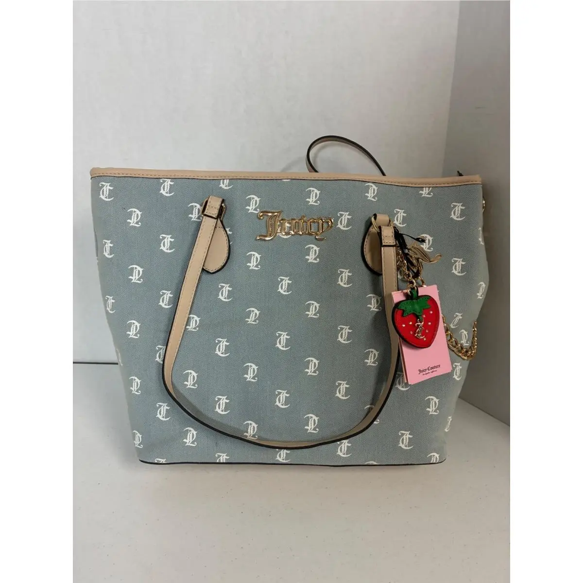 Blue Logo Tote Bag with Strawberry Charm and Pouch by Juicy Couture