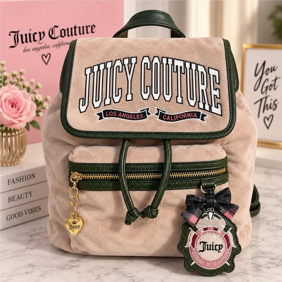 University Backpack Dusty Blush Pink Velour Y2K Charm by Juicy Couture