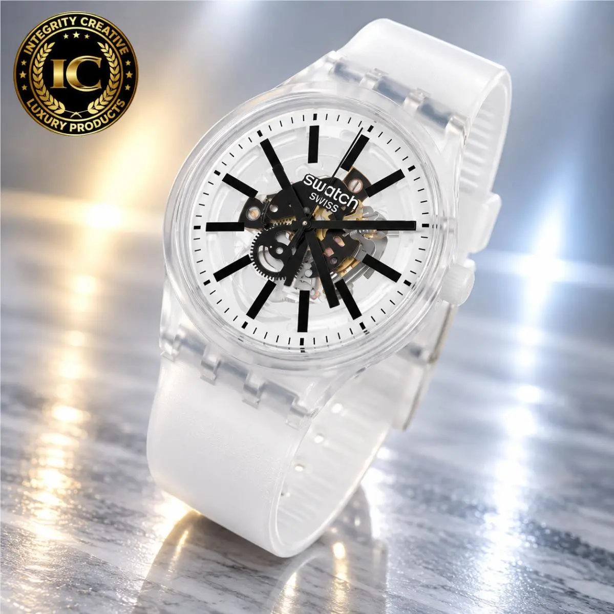 Mens 47MM Sports  Watch Big Bold Black IN Jelly Skeleton Clear Black Dial by Swatch