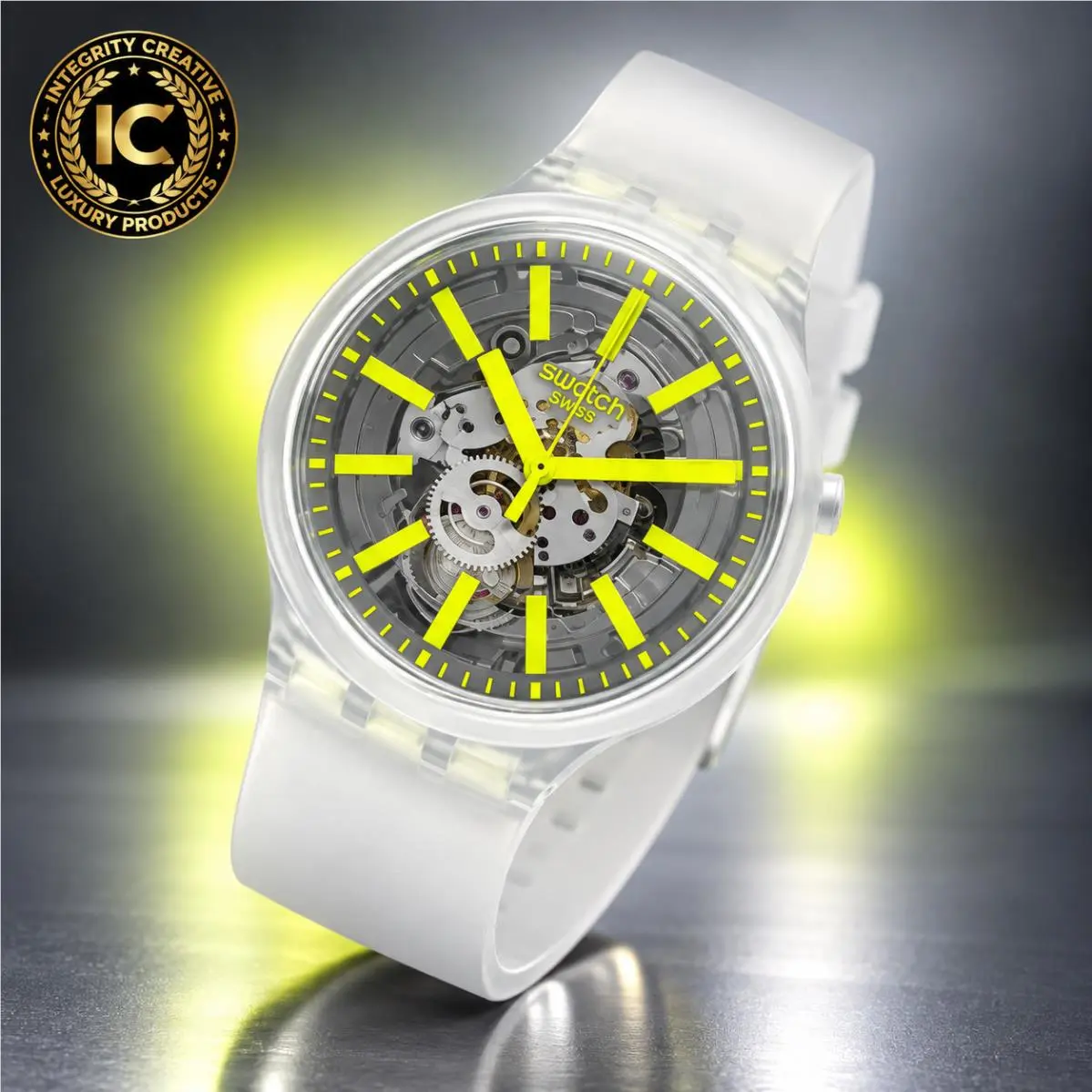 Unisex 47MM Swatch Watch Big Bold Yellow IN Jelly Skeleton Clear Yellow Dial