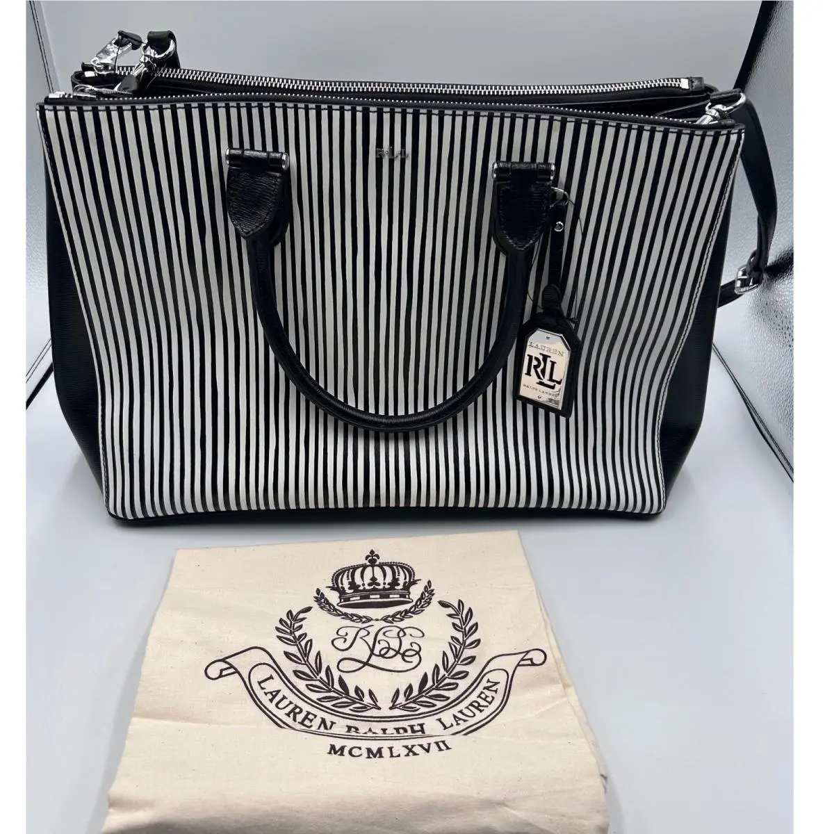 Lauren  Black White Striped Leather Satchel Tote Bag Rll by Ralph Lauren