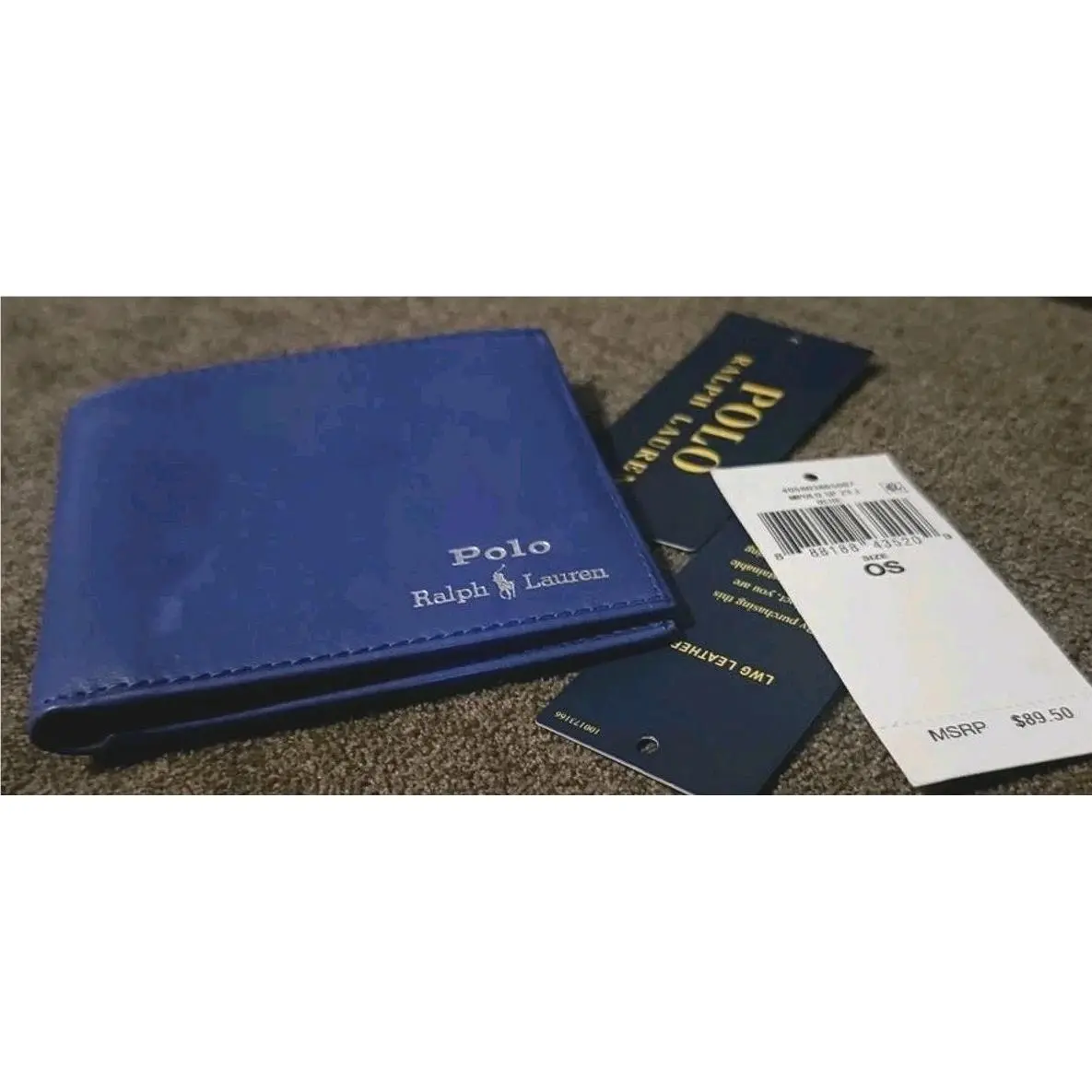 Polo Ralph Lauren Natural Leather Logo Wallet Cardholder Bifold Blue Full Sz