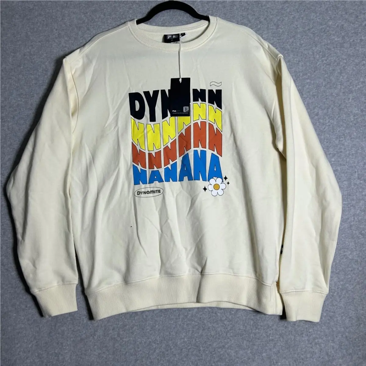 Fila x Bts Dynamite Crewneck Sweatshirt M RM Wave Logo Beige Retro 70s Style