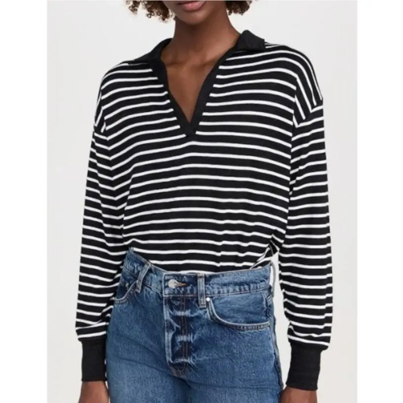 Rag Bone Striped Knit Polo Shirt L Black White V Neck Long Sleeve Relaxed by Rag & Bone