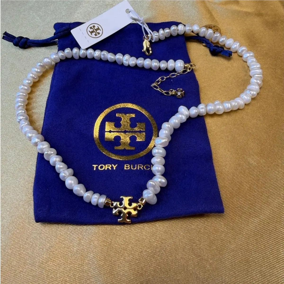 Kira Freshwater Pearl Necklace Gold Logo 15.8” + 2” Extender by Tory Burch