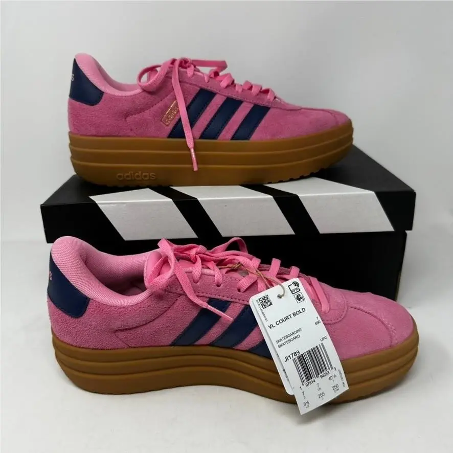 Adidas Women`s 8.5 VL Court Bold Pink Dark Blue Platform Suede Sneakers JI1789