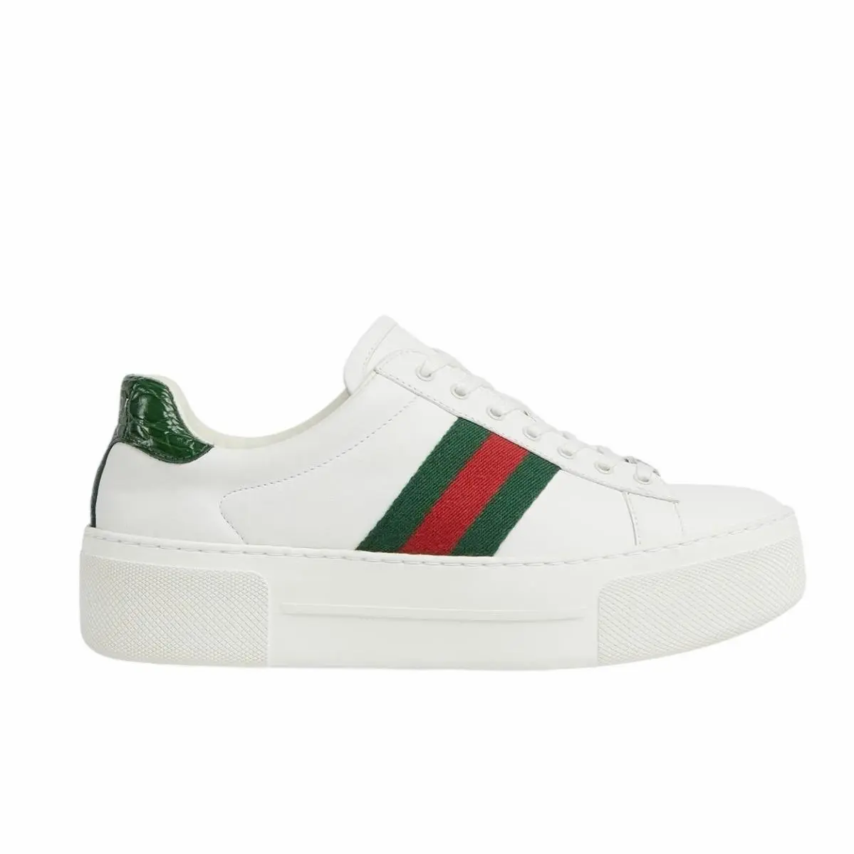 Gucci Ace Platform Web Mixed Leather Sneakers in White/green Size 39.5