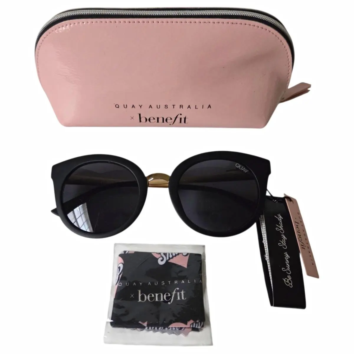Quay x Australia Benefit Shook Black Cat Eye Sunglasses Cat 3 Case Tags