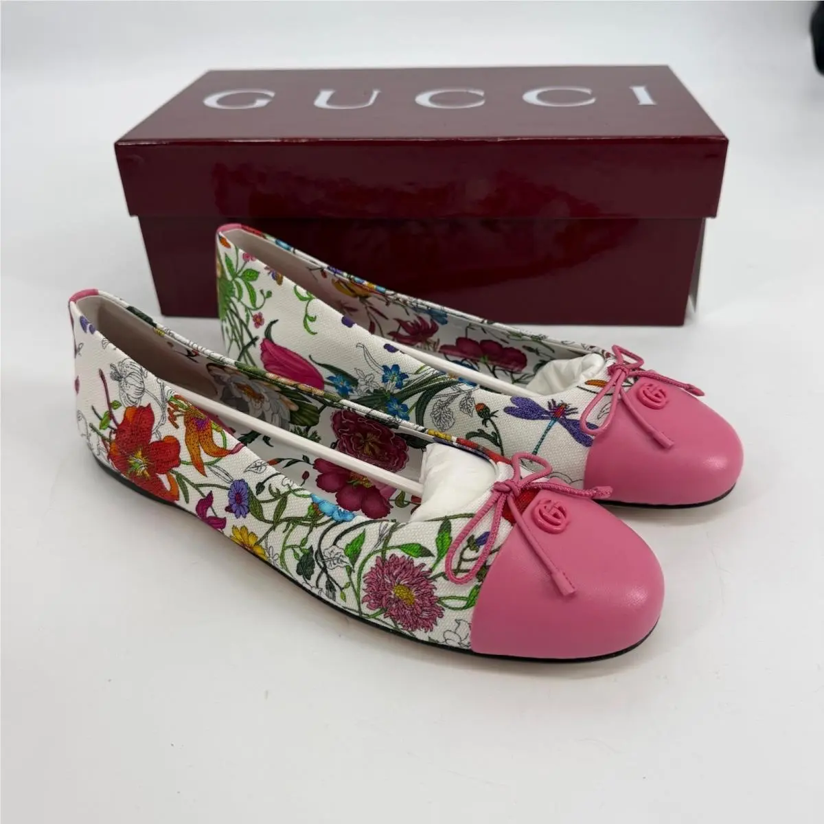 Gucci Flora Faded Print Ballet Flats Pink Cap Toe Bow Shoes IT 40