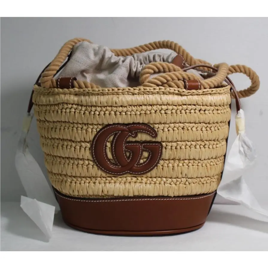Woven Raffia Effect Leather Drawstring Bucket Bag Handbag 834935 by Gucci