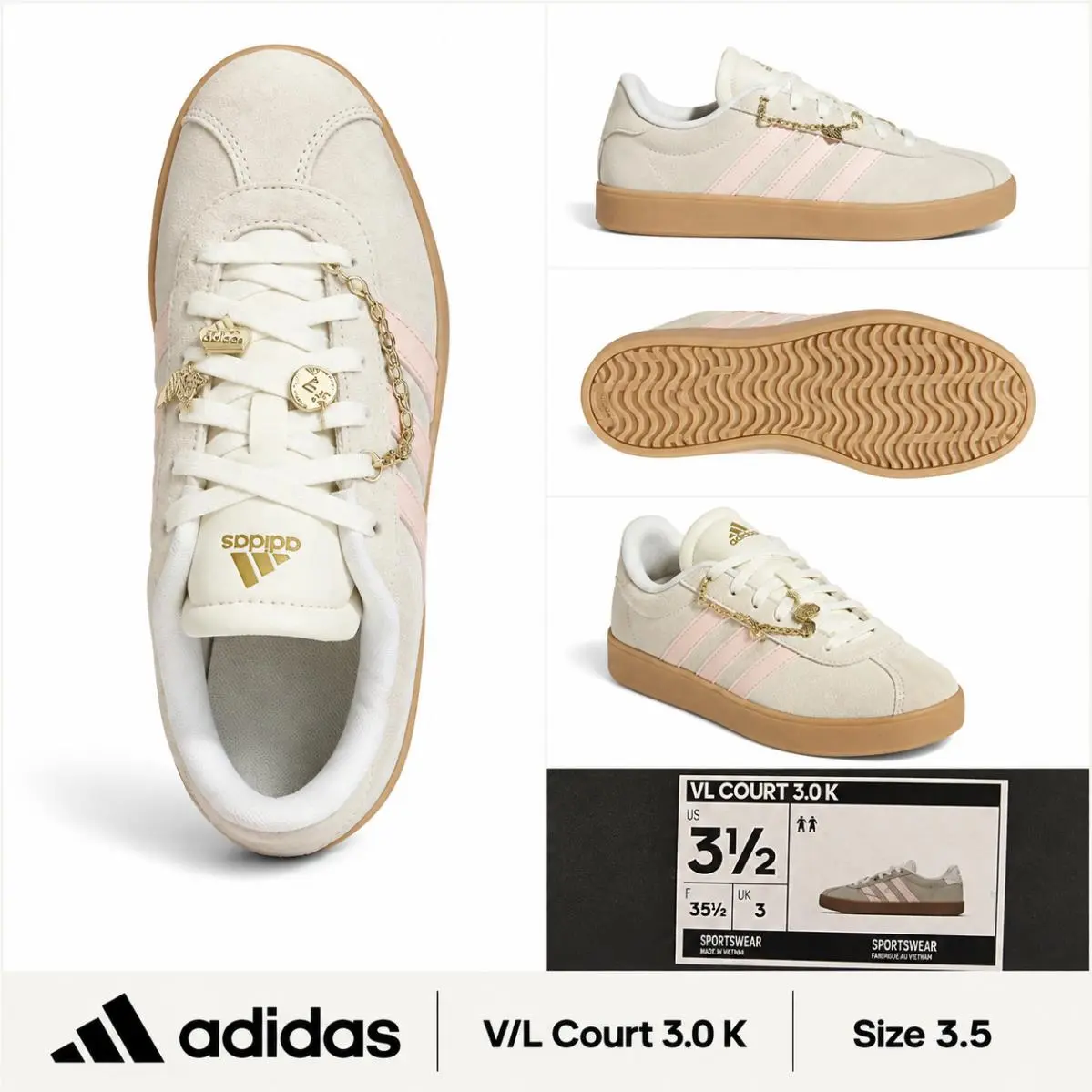 Adidas VL Court 3.0 K Unisex Kids White/pink/gold Leather Low Top Sneakers Y3.5