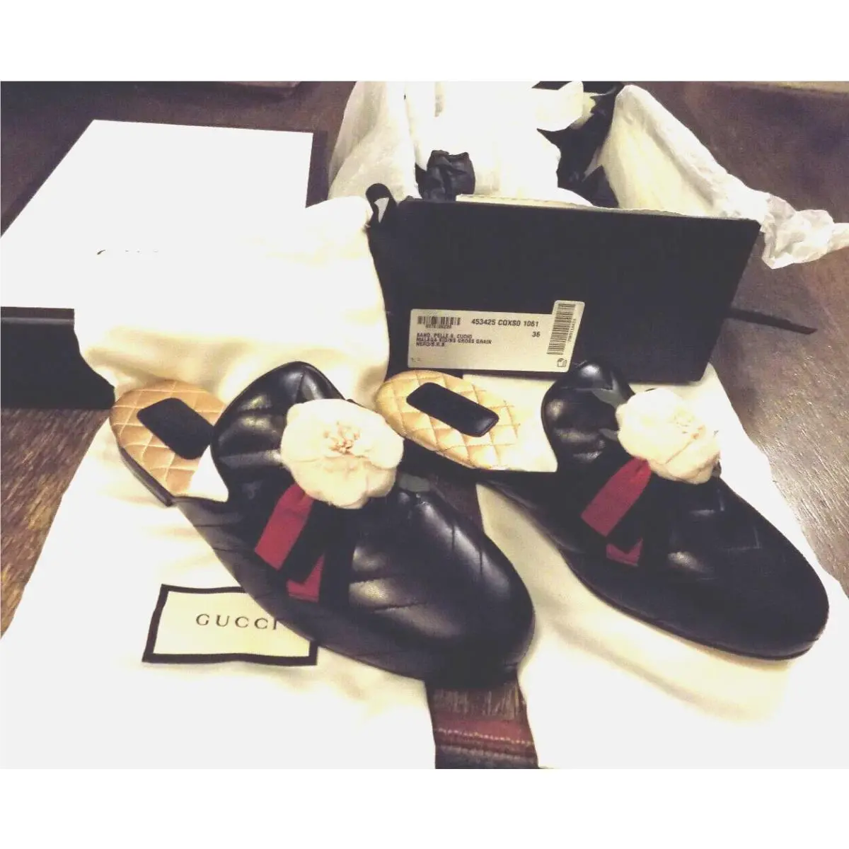 Gucci Malaga Kid Rare Red Striped Ribbons 3D Flower Black Quilted Slides Mules 6