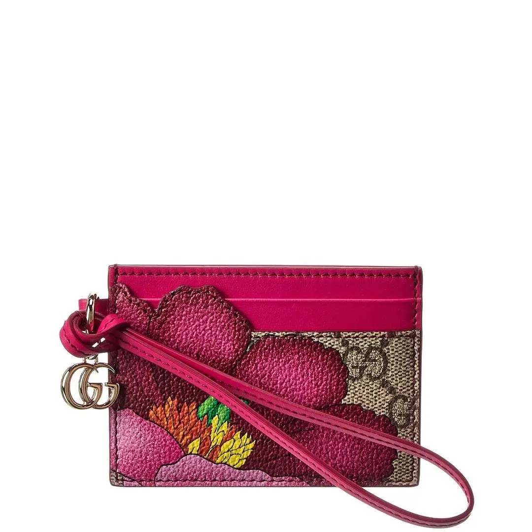 Gucci Floral Gg Supreme Canvas Leather Card Case Women`s Pink