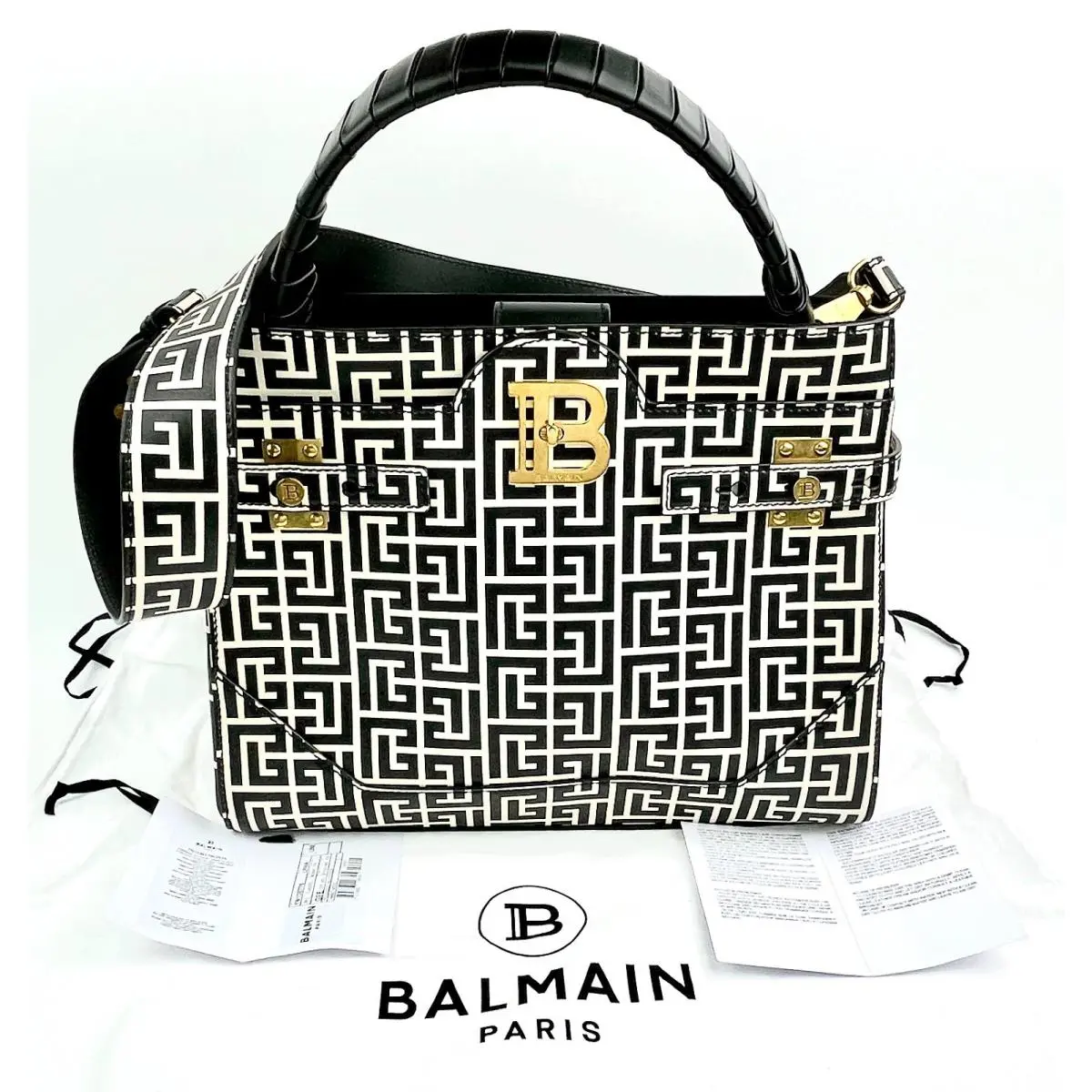 B-buzz 31 Monogram Jacquard Trapezoid Black White Satchel 2 Waybag by Balmain