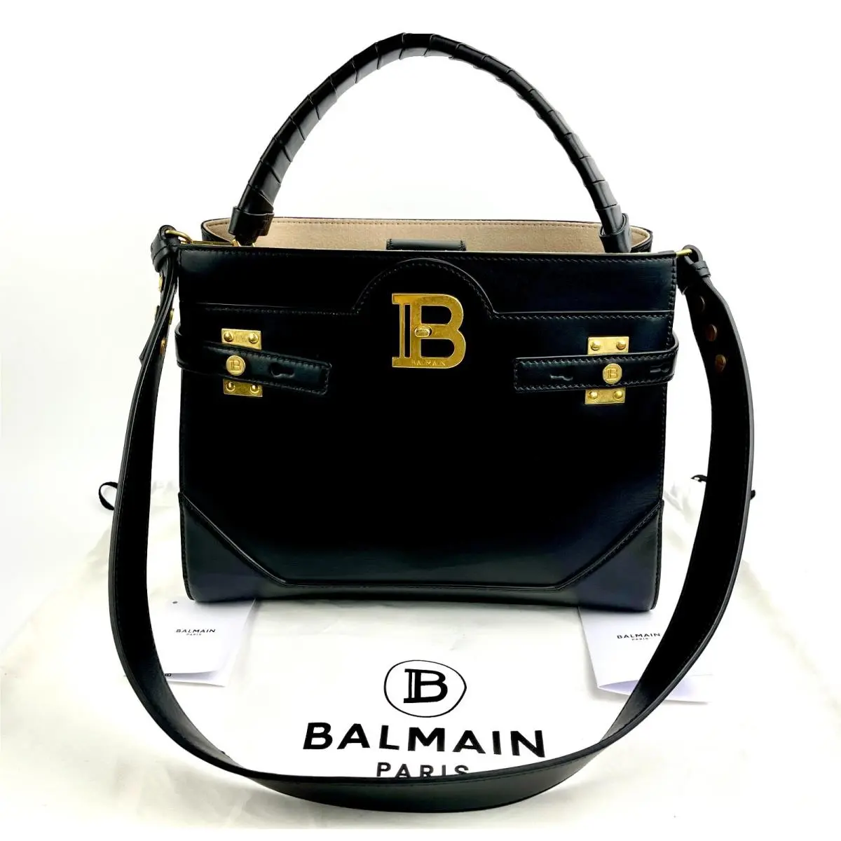 B-buzz Trapezoid Black Gold Satchel Top Handle 2 Way Bag by Balmain